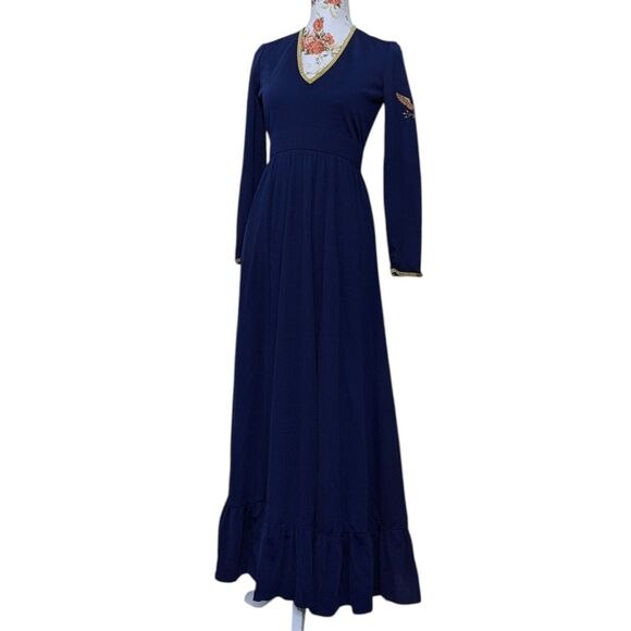 Vintage Pat Richards Sz Small Navy Blue Maxi Dress Gold Trim Embroidered Eagle - Picture 1 of 11